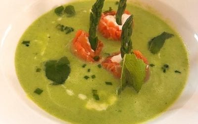 Chilled Asparagus Soup with Goat Cheese & Smoked Salmon