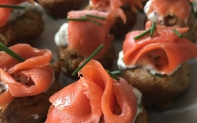 Yorkshire Pudding Appetizer Bites with Smoked Salmon Maple Pickled Onions and Crème Fraiche