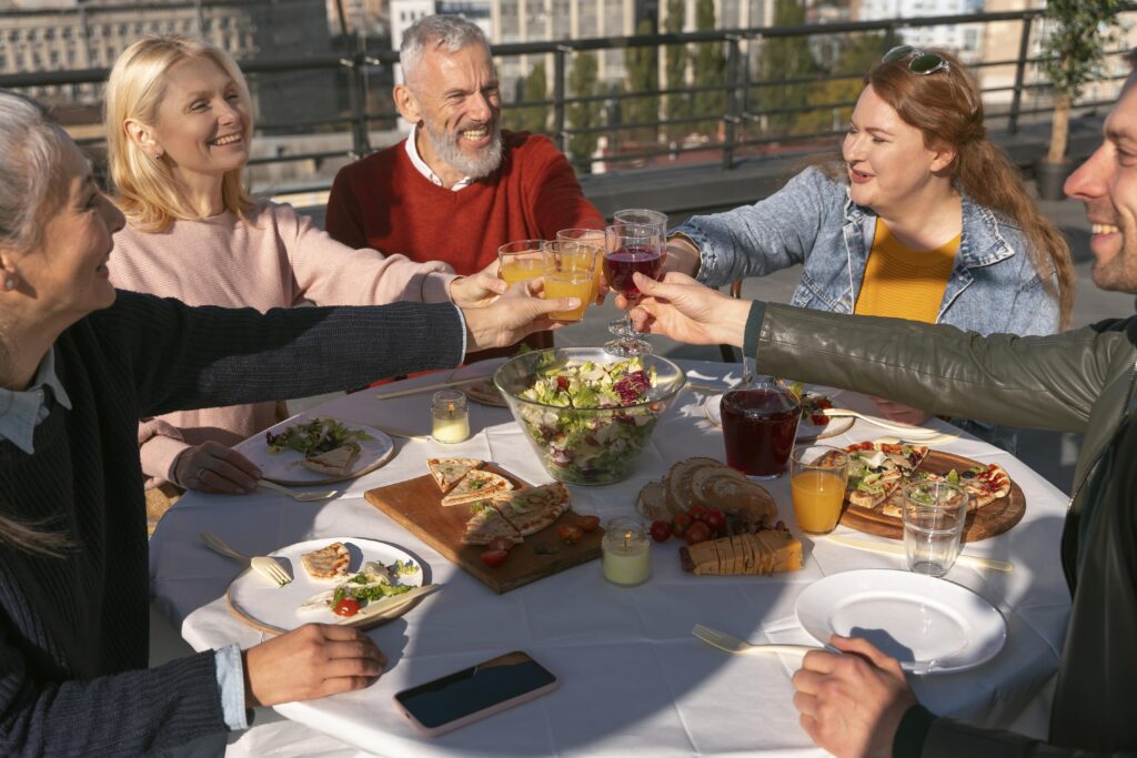 Mediterranean lifestyle outdoor meal with friends